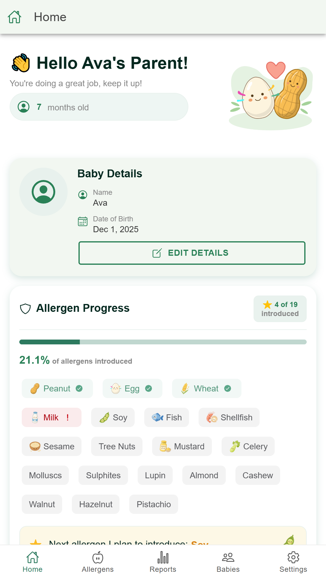 Allergen Introduction Tracker app interface